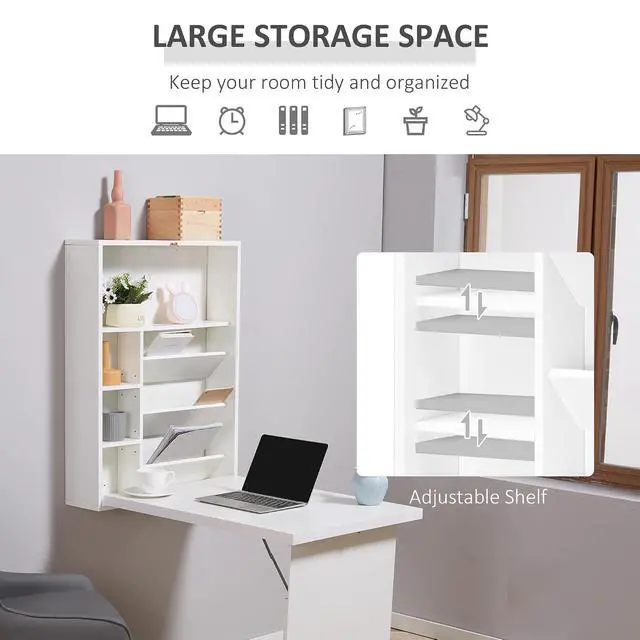 Alt view image 5 of 7 - Wall Mounted Fold Out Convertible Desk with Storage Shelf White | Multi-Function Floating Desk, for Home Office