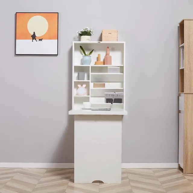 Alt view image 7 of 7 - Wall Mounted Fold Out Convertible Desk with Storage Shelf White | Multi-Function Floating Desk, for Home Office