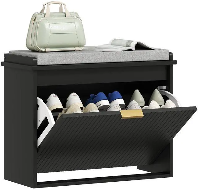 Main image of Narrow Shoe Bench with Padded Cushion 24.4x10.2x18.7 Inches Black | Shoe Storage Cabinet, Flip-Drawer, Adjustable Shelf, Small Entryway Bench, Holds up to 265lb