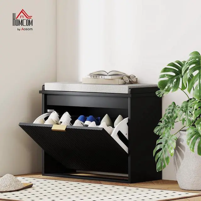 Alt view image 2 of 7 - Narrow Shoe Bench with Padded Cushion 24.4x10.2x18.7 Inches Black | Shoe Storage Cabinet, Flip-Drawer, Adjustable Shelf, Small Entryway Bench, Holds up to 265lb