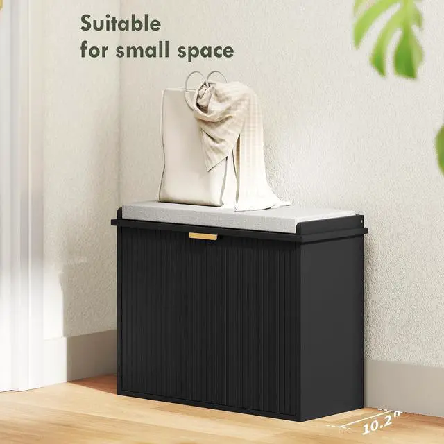 Alt view image 4 of 7 - Narrow Shoe Bench with Padded Cushion 24.4x10.2x18.7 Inches Black | Shoe Storage Cabinet, Flip-Drawer, Adjustable Shelf, Small Entryway Bench, Holds up to 265lb