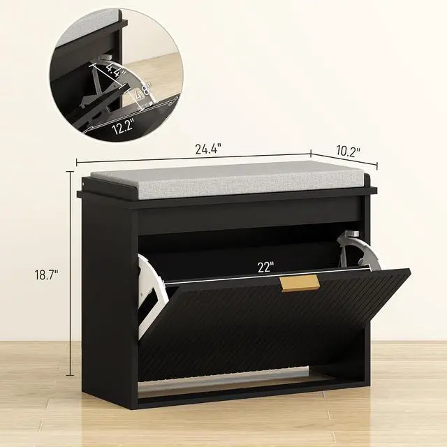 Alt view image 3 of 7 - Narrow Shoe Bench with Padded Cushion 24.4x10.2x18.7 Inches Black | Shoe Storage Cabinet, Flip-Drawer, Adjustable Shelf, Small Entryway Bench, Holds up to 265lb