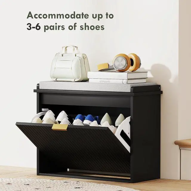 Alt view image 5 of 7 - Narrow Shoe Bench with Padded Cushion 24.4x10.2x18.7 Inches Black | Shoe Storage Cabinet, Flip-Drawer, Adjustable Shelf, Small Entryway Bench, Holds up to 265lb