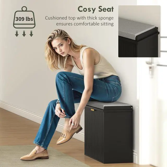 Alt view image 7 of 7 - Narrow Shoe Bench with Padded Cushion 24.4x10.2x18.7 Inches Black | Shoe Storage Cabinet, Flip-Drawer, Adjustable Shelf, Small Entryway Bench, Holds up to 265lb
