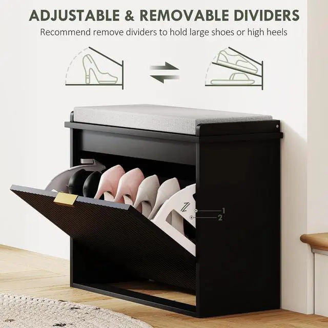 Alt view image 6 of 7 - Narrow Shoe Bench with Padded Cushion 24.4x10.2x18.7 Inches Black | Shoe Storage Cabinet, Flip-Drawer, Adjustable Shelf, Small Entryway Bench, Holds up to 265lb