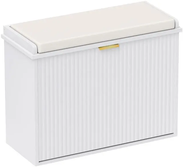 Main image of Narrow Shoe Bench with Padded Cushion 24.4x10.2x18.7 Inches White | Shoe Storage Cabinet, Flip-Drawer, Adjustable Shelf, Small Entryway Bench, Holds up to 265lb