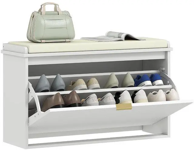 Main image of Narrow Shoe Bench with Padded Cushion 31.5x10.2x18.7 Inches White | Shoe Storage Cabinet, Flip-Drawer, Adjustable Shelf, Small Entryway Bench, Holds up to 265lb