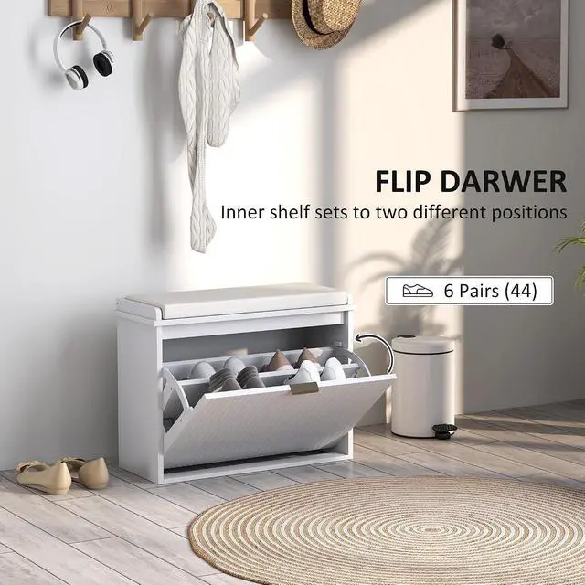 Alt view image 5 of 7 - Narrow Shoe Bench with Padded Cushion 24.4x10.2x18.7 Inches White | Shoe Storage Cabinet, Flip-Drawer, Adjustable Shelf, Small Entryway Bench, Holds up to 265lb