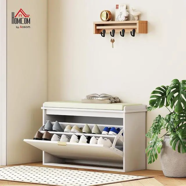 Alt view image 2 of 7 - Narrow Shoe Bench with Padded Cushion 31.5x10.2x18.7 Inches White | Shoe Storage Cabinet, Flip-Drawer, Adjustable Shelf, Small Entryway Bench, Holds up to 265lb