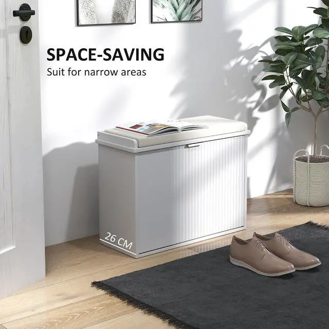 Alt view image 6 of 7 - Narrow Shoe Bench with Padded Cushion 24.4x10.2x18.7 Inches White | Shoe Storage Cabinet, Flip-Drawer, Adjustable Shelf, Small Entryway Bench, Holds up to 265lb