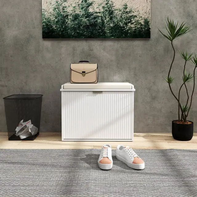 Alt view image 7 of 7 - Narrow Shoe Bench with Padded Cushion 24.4x10.2x18.7 Inches White | Shoe Storage Cabinet, Flip-Drawer, Adjustable Shelf, Small Entryway Bench, Holds up to 265lb