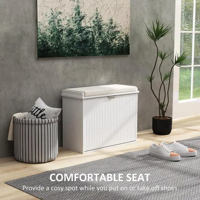 Alt view image 4 of 7 - Narrow Shoe Bench with Padded Cushion 24.4x10.2x18.7 Inches White | Shoe Storage Cabinet, Flip-Drawer, Adjustable Shelf, Small Entryway Bench, Holds up to 265lb