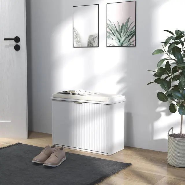Alt view image 2 of 7 - Narrow Shoe Bench with Padded Cushion 24.4x10.2x18.7 Inches White | Shoe Storage Cabinet, Flip-Drawer, Adjustable Shelf, Small Entryway Bench, Holds up to 265lb