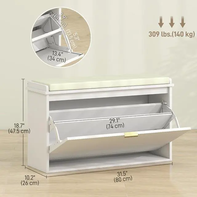Alt view image 3 of 7 - Narrow Shoe Bench with Padded Cushion 31.5x10.2x18.7 Inches White | Shoe Storage Cabinet, Flip-Drawer, Adjustable Shelf, Small Entryway Bench, Holds up to 265lb