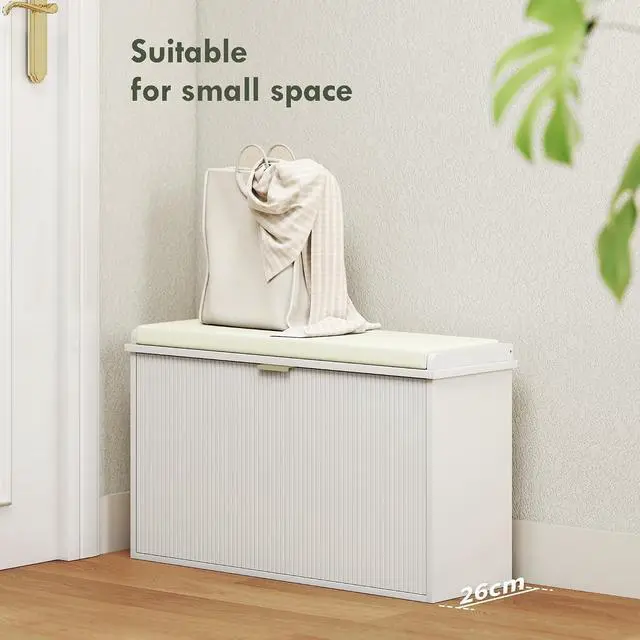 Alt view image 4 of 7 - Narrow Shoe Bench with Padded Cushion 31.5x10.2x18.7 Inches White | Shoe Storage Cabinet, Flip-Drawer, Adjustable Shelf, Small Entryway Bench, Holds up to 265lb