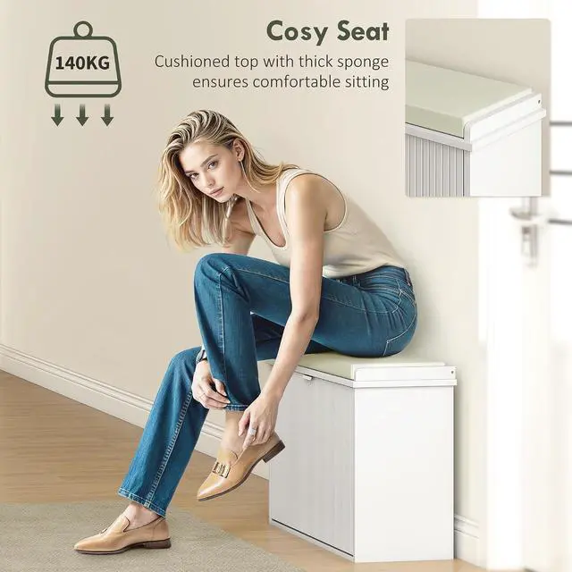 Alt view image 7 of 7 - Narrow Shoe Bench with Padded Cushion 31.5x10.2x18.7 Inches White | Shoe Storage Cabinet, Flip-Drawer, Adjustable Shelf, Small Entryway Bench, Holds up to 265lb