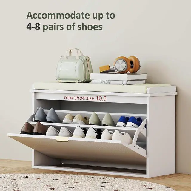 Alt view image 5 of 7 - Narrow Shoe Bench with Padded Cushion 31.5x10.2x18.7 Inches White | Shoe Storage Cabinet, Flip-Drawer, Adjustable Shelf, Small Entryway Bench, Holds up to 265lb