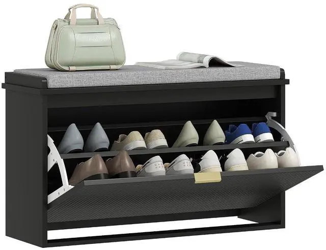 Main image of Narrow Shoe Bench with Padded Cushion 31.5x10.2x18.7 Inches Black | Shoe Storage Cabinet, Flip-Drawer, Adjustable Shelf, Small Entryway Bench, Holds up to 265lb