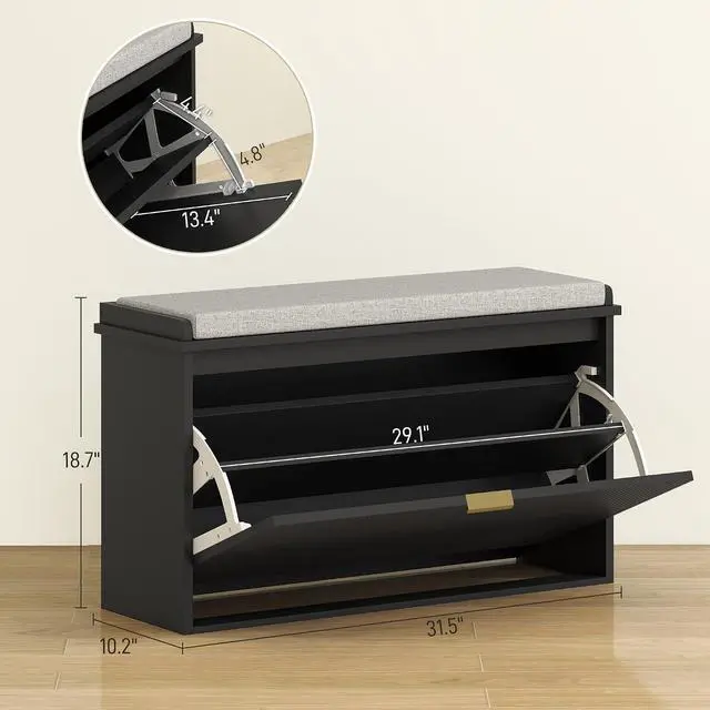 Alt view image 3 of 7 - Narrow Shoe Bench with Padded Cushion 31.5x10.2x18.7 Inches Black | Shoe Storage Cabinet, Flip-Drawer, Adjustable Shelf, Small Entryway Bench, Holds up to 265lb