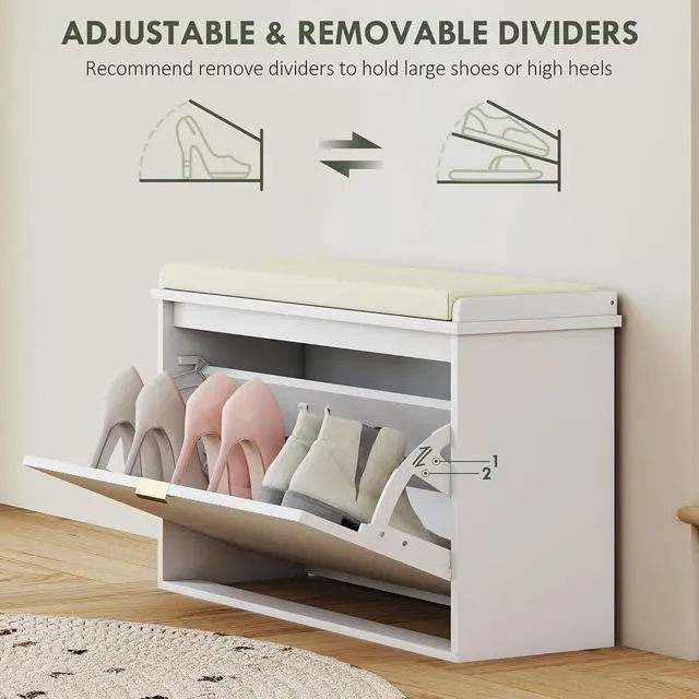 Alt view image 6 of 7 - Narrow Shoe Bench with Padded Cushion 31.5x10.2x18.7 Inches White | Shoe Storage Cabinet, Flip-Drawer, Adjustable Shelf, Small Entryway Bench, Holds up to 265lb