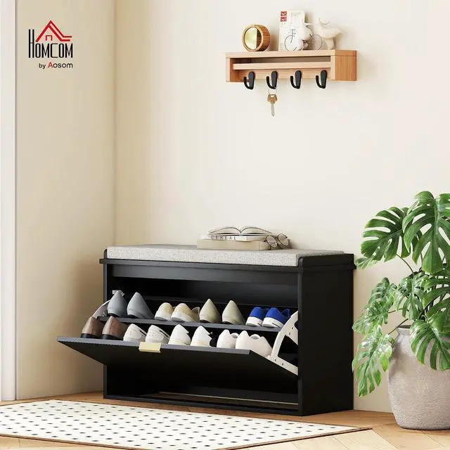 Alt view image 2 of 7 - Narrow Shoe Bench with Padded Cushion 31.5x10.2x18.7 Inches Black | Shoe Storage Cabinet, Flip-Drawer, Adjustable Shelf, Small Entryway Bench, Holds up to 265lb