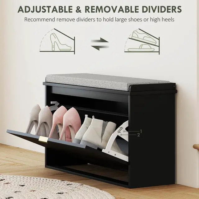 Alt view image 6 of 7 - Narrow Shoe Bench with Padded Cushion 31.5x10.2x18.7 Inches Black | Shoe Storage Cabinet, Flip-Drawer, Adjustable Shelf, Small Entryway Bench, Holds up to 265lb