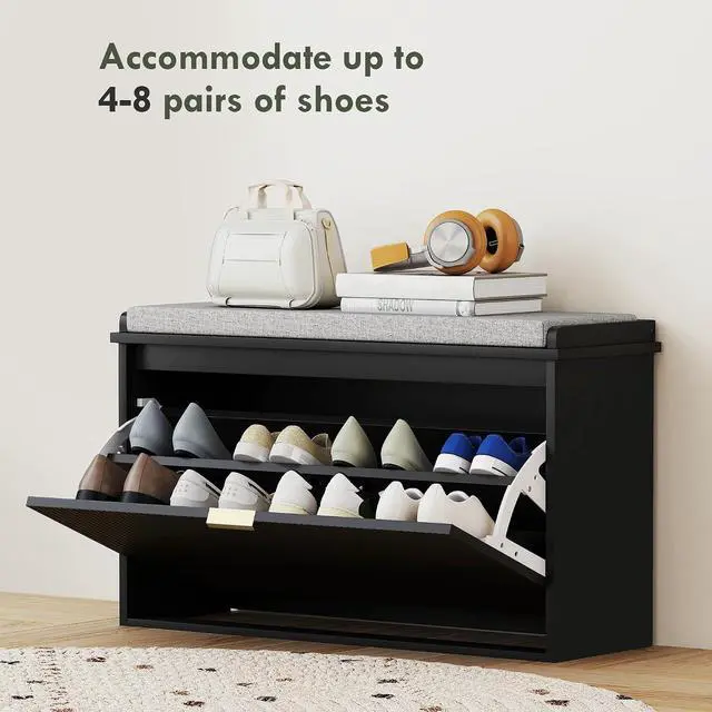 Alt view image 5 of 7 - Narrow Shoe Bench with Padded Cushion 31.5x10.2x18.7 Inches Black | Shoe Storage Cabinet, Flip-Drawer, Adjustable Shelf, Small Entryway Bench, Holds up to 265lb
