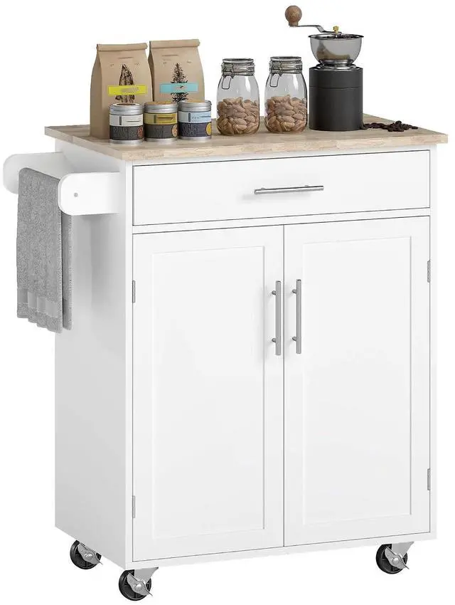 Main image of Kitchen Island Cart with Solid Wood Top, Storage Cabinet, White | Rolling Island Table, Trolley Cart, Drawer, Towel Rack