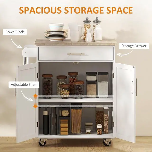 Alt view image 3 of 7 - Kitchen Island Cart with Solid Wood Top, Storage Cabinet, White | Rolling Island Table, Trolley Cart, Drawer, Towel Rack