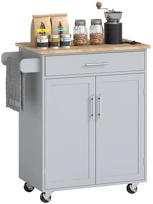 Main image of Kitchen Island Cart Rolling Island Table Solid Wood Top Drawer Gray | Trolley Cart, Storage Cabinet, Towel Rack