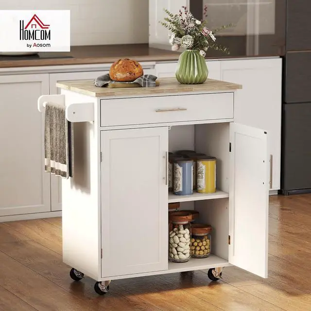 Alt view image 2 of 7 - Kitchen Island Cart with Solid Wood Top, Storage Cabinet, White | Rolling Island Table, Trolley Cart, Drawer, Towel Rack