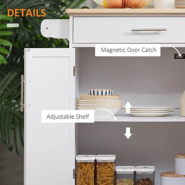 Alt view image 6 of 7 - Kitchen Island Cart with Solid Wood Top, Storage Cabinet, White | Rolling Island Table, Trolley Cart, Drawer, Towel Rack