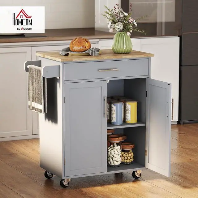 Alt view image 2 of 7 - Kitchen Island Cart Rolling Island Table Solid Wood Top Drawer Gray | Trolley Cart, Storage Cabinet, Towel Rack