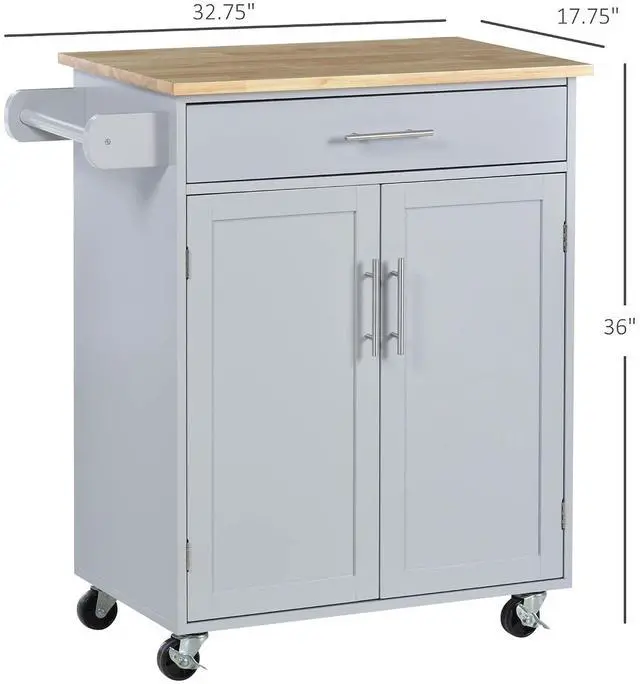 Alt view image 7 of 7 - Kitchen Island Cart Rolling Island Table Solid Wood Top Drawer Gray | Trolley Cart, Storage Cabinet, Towel Rack