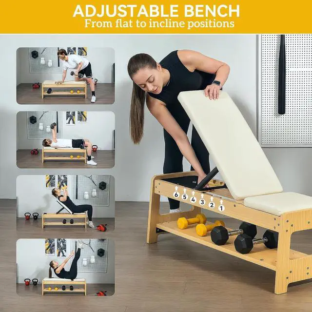 Alt view image 3 of 7 - Adjustable Weight Bench with Dumbbell Rack Wooden Gym | Flat or Incline Design, Home Gym Weight Lifting Training