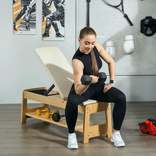 Alt view image 5 of 7 - Adjustable Weight Bench with Dumbbell Rack Wooden Gym | Flat or Incline Design, Home Gym Weight Lifting Training