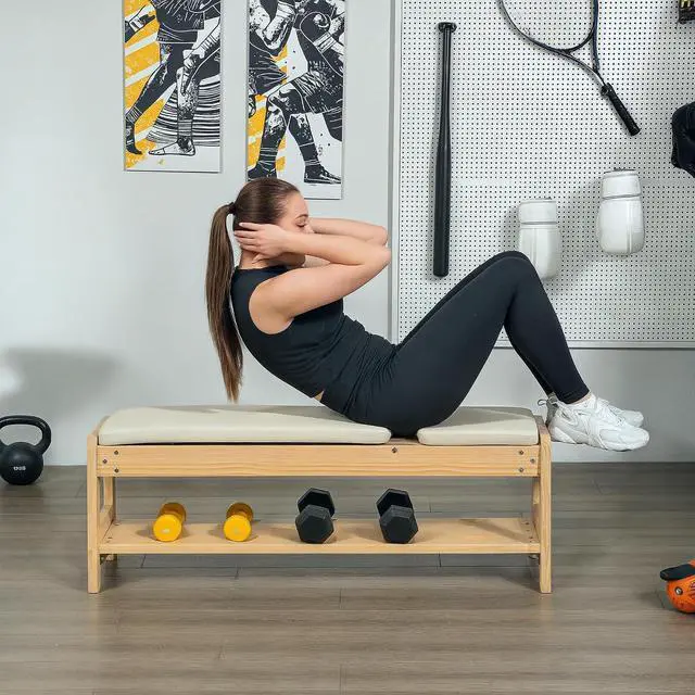 Alt view image 7 of 7 - Adjustable Weight Bench with Dumbbell Rack Wooden Gym | Flat or Incline Design, Home Gym Weight Lifting Training