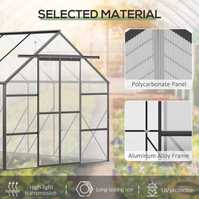 Alt view image 3 of 7 - 20' x 8' Polycarbonate Greenhouse Walk-in Aluminum Frame Clear | Garden Greenhouse Kit, Adjustable Roof Vent, Rain Gutter, Sliding Door, Backyard, Patio