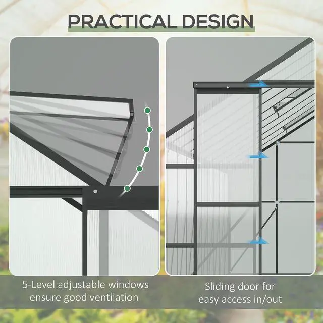 Alt view image 4 of 7 - 20' x 8' Polycarbonate Greenhouse Walk-in Aluminum Frame Clear | Garden Greenhouse Kit, Adjustable Roof Vent, Rain Gutter, Sliding Door, Backyard, Patio