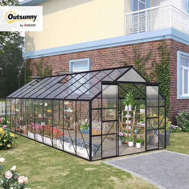 Alt view image 2 of 7 - 20' x 8' Polycarbonate Greenhouse Walk-in Aluminum Frame Clear | Garden Greenhouse Kit, Adjustable Roof Vent, Rain Gutter, Sliding Door, Backyard, Patio