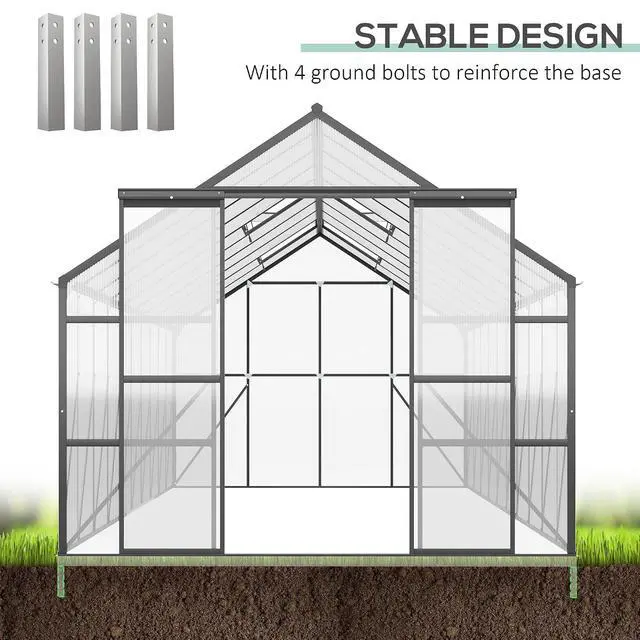 Alt view image 5 of 7 - 20' x 8' Polycarbonate Greenhouse Walk-in Aluminum Frame Clear | Garden Greenhouse Kit, Adjustable Roof Vent, Rain Gutter, Sliding Door, Backyard, Patio