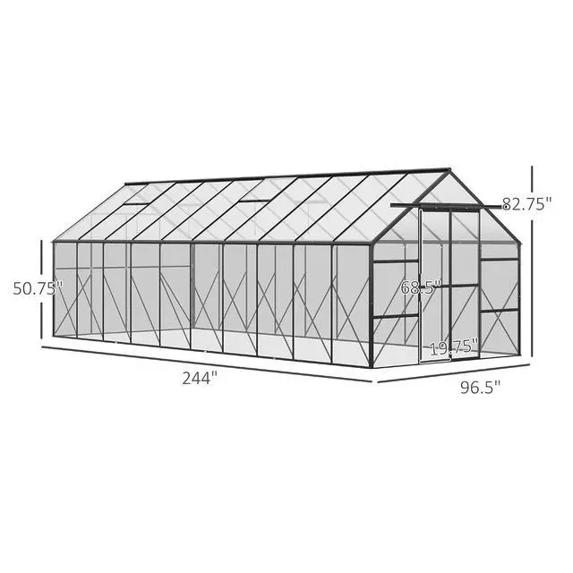 Alt view image 7 of 7 - 20' x 8' Polycarbonate Greenhouse Walk-in Aluminum Frame Clear | Garden Greenhouse Kit, Adjustable Roof Vent, Rain Gutter, Sliding Door, Backyard, Patio