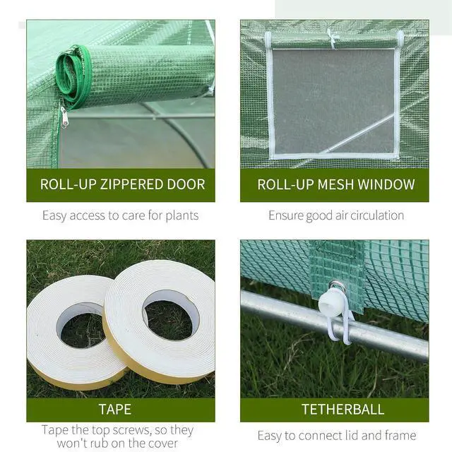 Alt view image 5 of 7 - 20 x 10 x 7 ft Walk-in Greenhouse with Roll-up Zipper Door Green | Tunnel Green House, 8 Mesh Windows, Gardening Plant Hot House, Galvanized Steel Frame