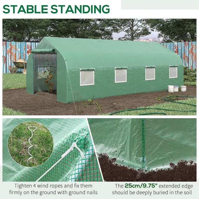 Alt view image 4 of 7 - 20 x 10 x 7 ft Walk-in Greenhouse with Roll-up Zipper Door Green | Tunnel Green House, 8 Mesh Windows, Gardening Plant Hot House, Galvanized Steel Frame