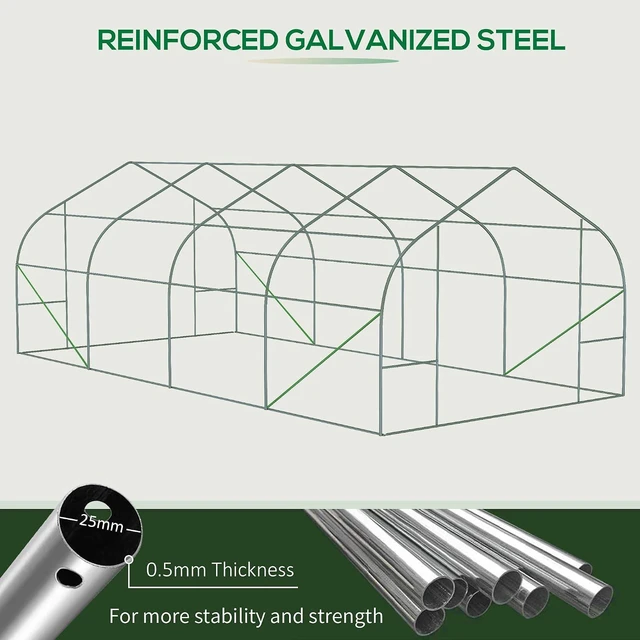 Alt view image 6 of 7 - 20 x 10 x 7 ft Walk-in Greenhouse with Roll-up Zipper Door Green | Tunnel Green House, 8 Mesh Windows, Gardening Plant Hot House, Galvanized Steel Frame