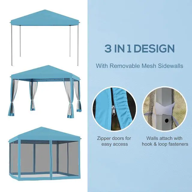 Alt view image 3 of 7 - 10' x 10' Pop Up Canopy Tent with Netting Carry Bag Light Blue | Instant Gazebo, Screen House Room, Height Adjustable, Outdoor, Garden, Patio, Camping