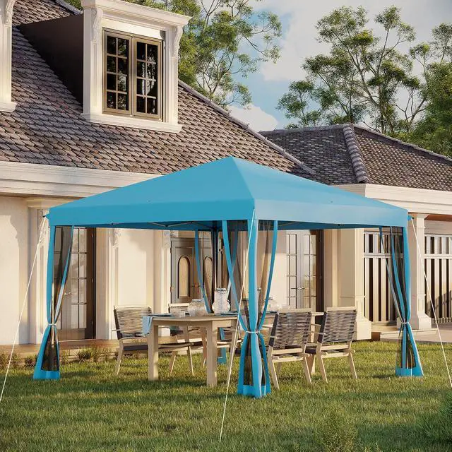 Alt view image 2 of 7 - 10' x 10' Pop Up Canopy Tent with Netting Carry Bag Light Blue | Instant Gazebo, Screen House Room, Height Adjustable, Outdoor, Garden, Patio, Camping