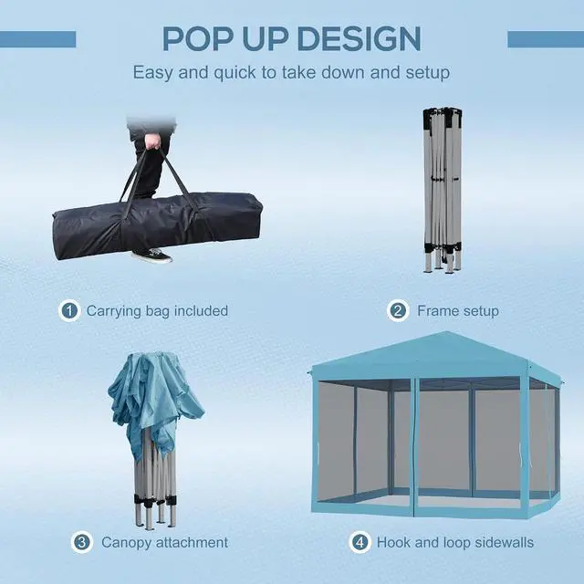Alt view image 4 of 7 - 10' x 10' Pop Up Canopy Tent with Netting Carry Bag Light Blue | Instant Gazebo, Screen House Room, Height Adjustable, Outdoor, Garden, Patio, Camping