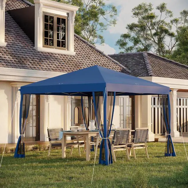 Alt view image 2 of 7 - 10' x 10' Pop Up Canopy Tent with Netting Carry Bag Blue | Instant Gazebo, Screen House Room, Height Adjustable, Outdoor, Garden, Patio, Camping