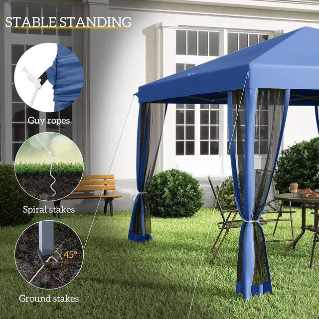 Alt view image 5 of 7 - 10' x 10' Pop Up Canopy Tent with Netting Carry Bag Blue | Instant Gazebo, Screen House Room, Height Adjustable, Outdoor, Garden, Patio, Camping